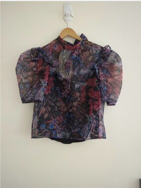 Maeve Sheer Floral Tie-Neck Blouse in Black and Red